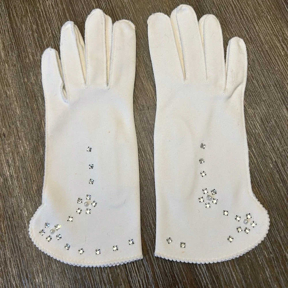 White Dress Gloves Rhinestone Faux Pearl Embellished Formal Bridal Gloves